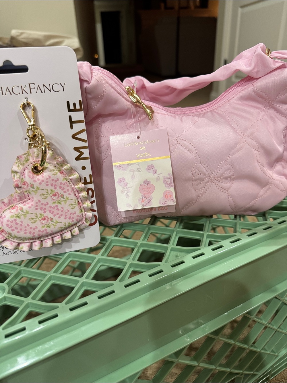 LoveShackFancy Light Pink Quilted Shoulder Bag with Bow and Charm Set